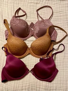 Victoria's Secret 32C Bras ~ Mauve Lace & Satin, Mustard Leopard Print, Burgundy